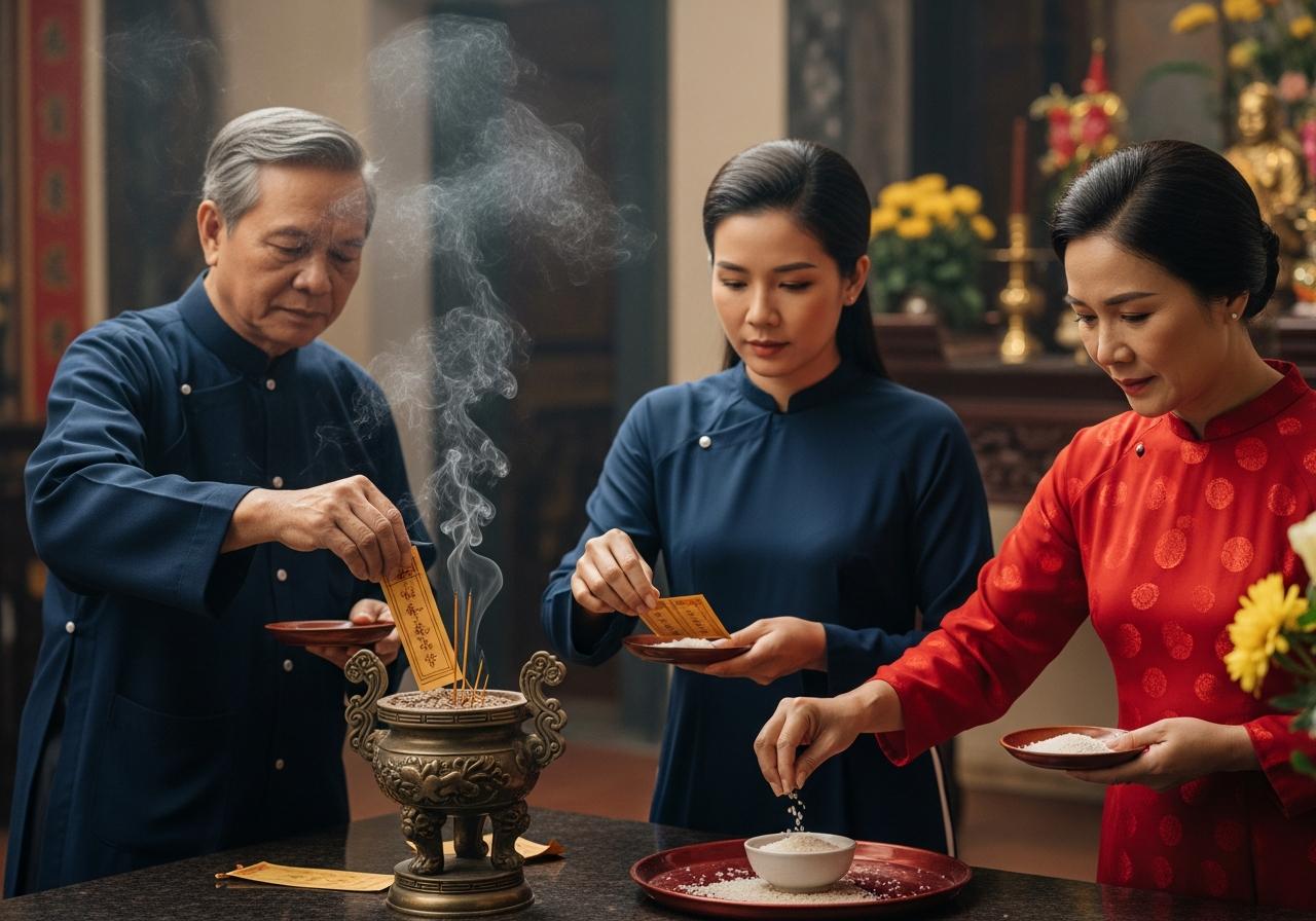 đốt giấy trước hay rải gạo muối trước